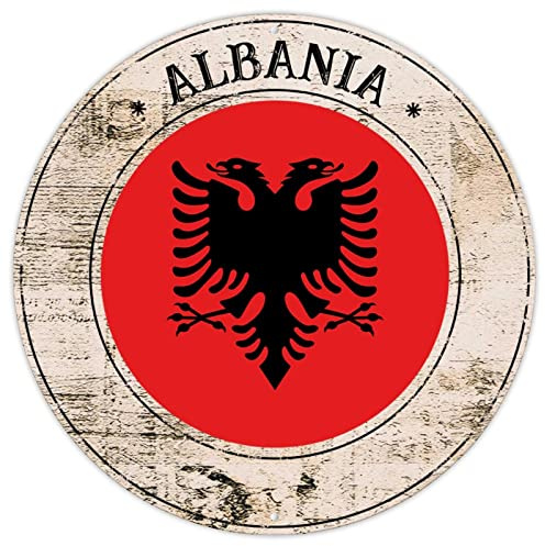 Targa in metallo con bandiera dell'Albania con portico e bandiera nazionale, vintage, bandiera dell'Albania, decorazione da parete, souvenir di campagna, porta rotonda, cartello in metallo di