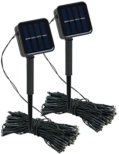 Lunartec Lichternetz: 2er-Set Solar-Lichterketten, 100 LEDs, 8 Modi, 12 m, Dämmerungssensor (LED Solar Lichterketten warmweiß, Solarlichterkette, außen)