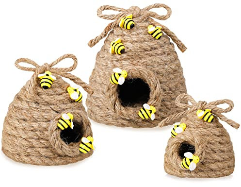 Jutom 3 Pieces Bee Beehive Decor Tiered Tray Decor with Bees Summer Spring Mini Jute Beehive Farmhouse Style for Shelf Table Kitchen Cafe Theme Party