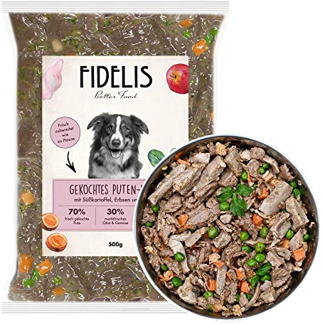 Fidelis - Gekochtes Frische-Menü Pute für Hunde 10 x 500g - Premium Hunde Futter mit 70% Fleischanteil und frischen Zutaten - Proteinhaltiges Hundefutter nass nicht extrudiert - Zucker- & Getreidefrei