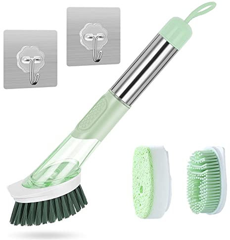 CHEVVY Spazzola Piatti con Dosatore Detersivo Spazzola Pulizia con 3 Diverse Testine sostituibili Spazzola da Cucina per Lavandino Pentola Padella (Verde)