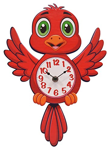 Cardinal Red Bird Pendulum Wall Clock 12 In, Swinging Tail, Metal