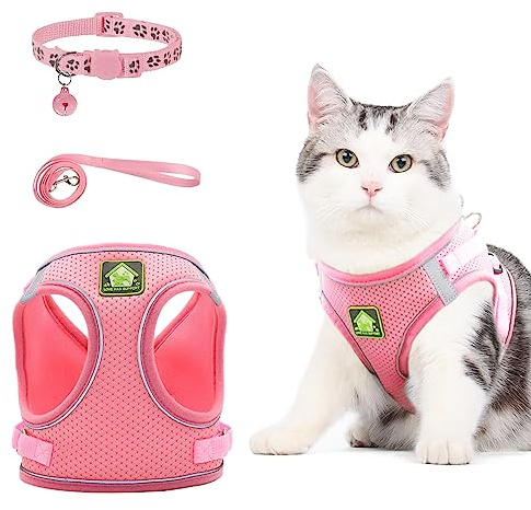 NeuWee Katzengeschirr mit Leine Ausbruchsicher, Katzengeschirr Leine Set mit Katzenhalsband, Katzenleine mit Geschirr für Katzen, Verstellbar Reflektierend Cat Harness für Kitten Hund(XS, Rosa)