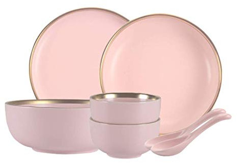 Juego de vajilla de cerámica para 2 platos, cuenco de cereales y plato de sopa, pasta, ensalada, cereales, sopa, microondas y ensalada para lavavajillas (rosa 11 piezas)