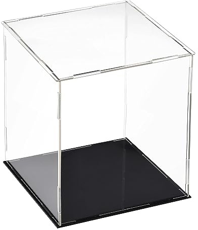 TA-VIGOR Transparente Acryl-Vitrine, 25 x 25 x 30 cm, zusammenbaubar, Würfel-Organizer, Ständer, staubdichter Schutz, Vitrine mit schwarzem Boden für Actionfiguren, Spielzeug, Sammlerstücke,