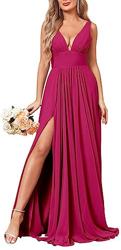 HPPEE Vestido de dama de honor con cuello en V y tirantes delgados, talla grande, de gasa, sin mangas, para invitados de boda, con abertura para mujer, fucsia, 58 Más