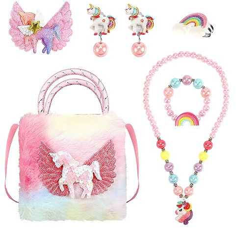 BTHRORO Einhorn Handtaschen Schmuckset für Mädchen, Plüsch Unicorn Umhängetaschen Halskette Armband Ohrringe Ring Haarspangen Set Prinzessin Schmuckset Party Rollenspiel Geburtstags Geschenk