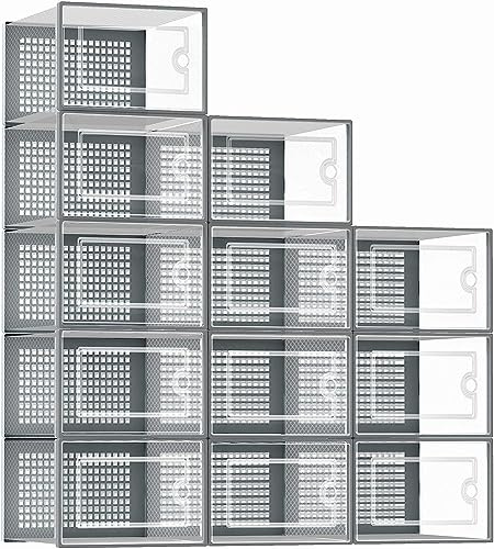 Thrink 12 X Shoe Storage Boxes - Clear Transparent Shoe Organizer - For Effortless Stacking – With Rear Ventilation Holes - Easy Assembly - Sturdy & Durable - Space Saving - Grey Door Frame