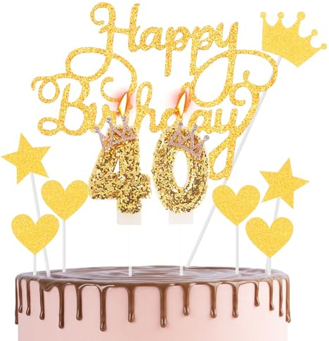 Happy 40th Birthday Cake Topper & Birthday Candles Gold Number 40 Candles for Birthday Cake - Gold Glitter 40th Birthday Candles Cake Cupcake Topper Birthday Cake Decorations for Women Birthday Gold