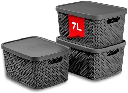 astor24 PREMIUM 3er XXL Set Aufbewahrungsbox Korb mit Deckel Organizer Ideal für Büro, Kleiderschrank, Schrank, Küche & Haushalt (Anthrazit, 3er Set 7 Liter)