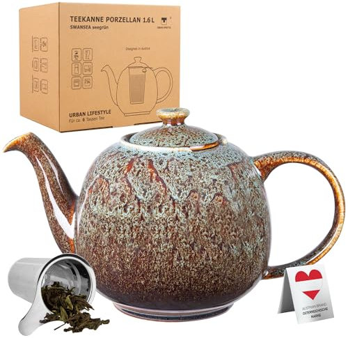 Théière en porcelaine avec infuseur, 1,6 L avec filtre en acier inoxydable, de URBAN LIFESTYLE, théière anti-goutte avec infuseur. Théière anglaise incluant un filtre (Vert d'eau)