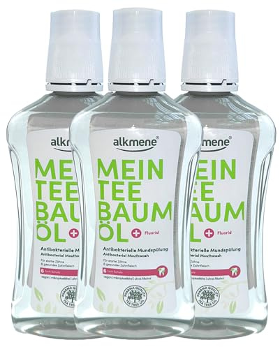 Alkmene Teebaumöl Mundspülung Vegan 500ml | Antibakterielle Mundspülung für starke Zähne & gesundes Zahnfleisch | 6-Fach Schutz, Mikroplastikfrei, Ohne Alkohol, Mit Fluorid (3er Pack)