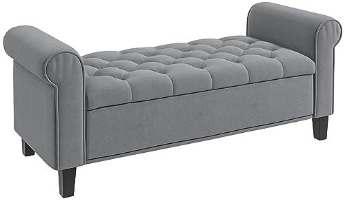 HOMCOM Sitzbank mit Stauraum Polsterbank mit Samt-Bezug, Armlehne Bettbank mit Holzbeinen, Schuhbank für Schlafzimmer, Wohnzimmer, Flur 126 x 48,5 x 57 cm Grau