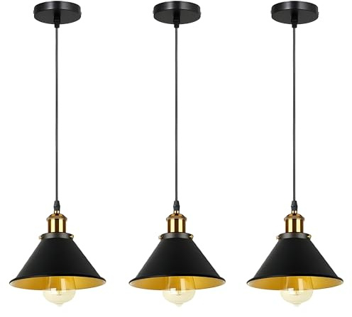 3 Pack Vintage Black Pendant Light Fitting Metal Shade E27 Ceiling Lamp | Industrial Ceiling Lighting LED Light Shades Adjustable Cable Canopy Rose Restaurant Loft Kitchen Coffee-Shop Chandelier