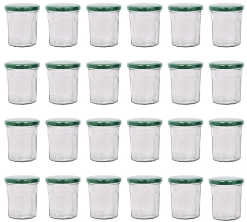Argon Tableware Glass Jam Jars with Airtight Green Lids - 150ml - Pack of 24 - Empty Screw Top Kitchen Storage Jar for Food, Honey, Spice, Pickling, Preserving, Candle Making