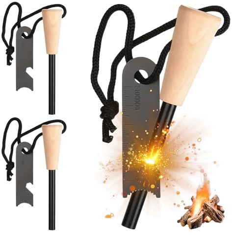 3 Stück Feuerstahl: Survival Feuerstein, Feuerstarter Set mit Paracord Zunder, Feuerstein mit Extrem Starker Funkenflug, Feuerstarter Geeignet für Camping, Outdoor, Bushcraft und Survival