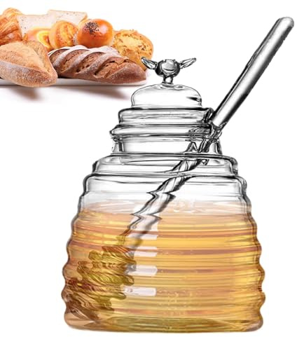Pot à miel avec cuillère – Pot de rangement pour miel avec cuillère | Distributeur de miel sûr et inodore pour stocker le miel, les vinaigrettes, les sauces, le sirop
