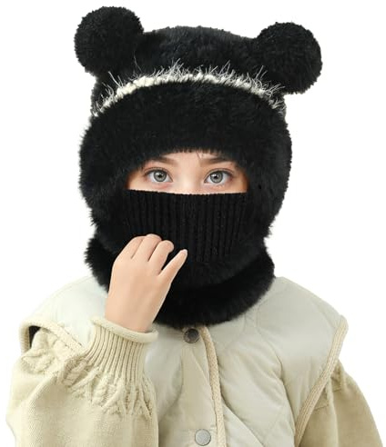 TAGVO Stickad vintermössa för barn 4–7 år, multifunktionell vindtät varm fleece hatt och nackvärmare, stretch dubbel mössa mössa balaclava skidmask cykling, Svart, one size
