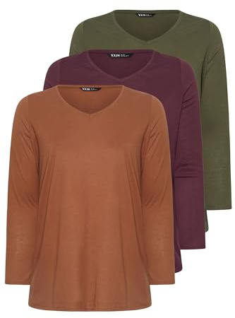 Yourset 3 Pack Curve Brown & Khaki Green Long Sleeve V-Neck T-Shirts - Women's - Plus Size Curve