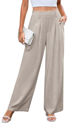 Svanco Pantaloni a Gamba Larga da Donna in Lino, Taglio Dritto e Ampio, Elastico in Vita Alta, Pieghe sul Davanti, Pantaloni Casual Estivi