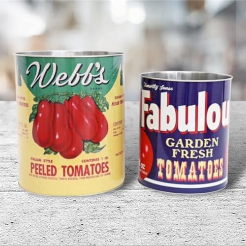 BelAya E Set of 2 Decorative Replica Tomato Tin Cans - 2 Retro Tomato Metal Storage Tin Set - Vintage Style Metal Food Display Cans. Ideal for plants, pens, keys, cutlery.
