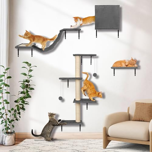 Myiosus Set de Pared de Escalada para Gatos, 4 Piezas Juego de Muebles de Pared para Gatos con Poste Rascador de Sisal, Puente y Plataformas, Estante de Pared para Gatos Soportan hasta 10 kg, Gris
