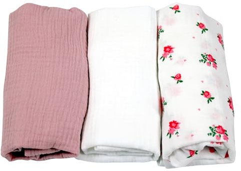 BabyLux Musselin Spannbettlaken Set – 3er Pack (40x80 cm) für Kinderwagen, Stubenwagen, Babybett & Wiege Matratzenbezug (z13 Rosa-Weiß-Rosen)