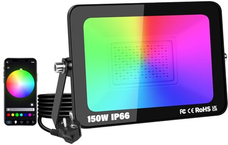 YOJZMA 1 confezione da 150W Faretto LED per esterni con spina, Intelligente RGB fai da te Scene Illuminazione paesaggistica con cambio colore con controllo APP, IP66 Impermeabile per giardini Cortili