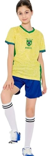 Bolognifi Maglia da Calcio for Bambini Coppa Europa/America T-Shirt Ragazzi Ragazze Sport Calcio Mezze Maniche Pantaloncini Set(Brazil,6-7A)