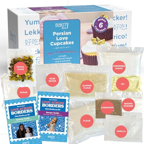 BāKIT Box Persische Liebe Cupcakes Backset für Kinder - Global Cultural Baking Activity Set mit Rezept, Heft & Premium Zutaten - Enthält Rosenwasser, Kardamom & Pistazien - Alter 7-14 Jahre