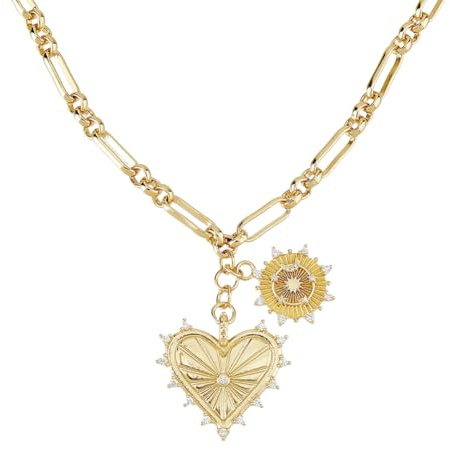 Hobbspring 1 Stück Klobige Goldkette Für Damen 52.4cm Gliederkette Mit Zirkonia Anhängern Herz Sonnen Anhänger Kette Schmuck Halskette Für Frauen Und Damen Schmuckgeschenk