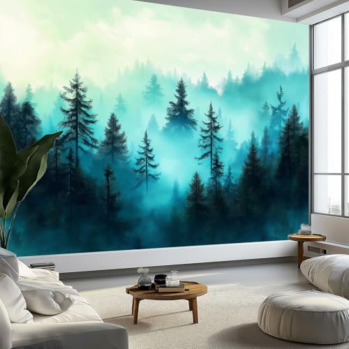 Générique Carta da parati in tessuto non tessuto con montagne nebbiose della foresta da parete, 450 x 315 cm (L x A) decorazione da parete in stile acquerello foto per camera da letto soggiorno