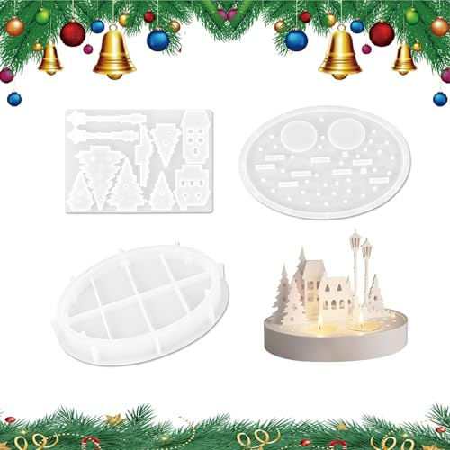 Stampi in Silicone per Case, 3 Pezzi Stampo per Casetta in Silicone,portacandele per la casa 3D Albero Casa con Base in Gesso per la festa della mamma, Natale