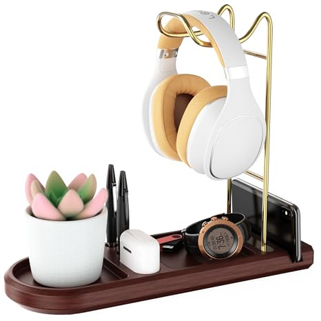 Wenfubrixa Wooden Headphone Stand for Desk, Gold Headset Holder with Tray | Unique Head Phone Holder, Controller And Headset Stand for Airpod Max And More, Desktop Headphone Hanger for Gaming, Office