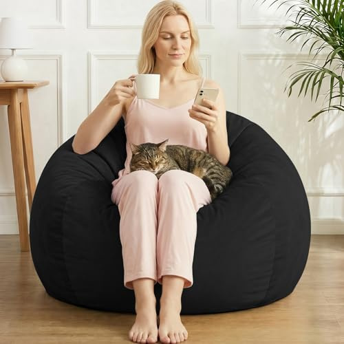 AZHCHKE Stuffed Animal Storage Bean Bag Chair Cover for Adults (No Filler), Soft Comfy Velvet Beanbag Chair Cover Machine Washable, Adults Bean Bag Chair with Handle for Living Room Bedroom, Black