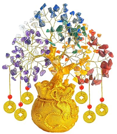 Albero dei 7 Chakra con cristalli base forma di vaso con monete artificiali | Decor della casa portafortuna da regalare 6 monete Feng Shui albero dei soldi dorato regali spirituali donne mamme sorelle
