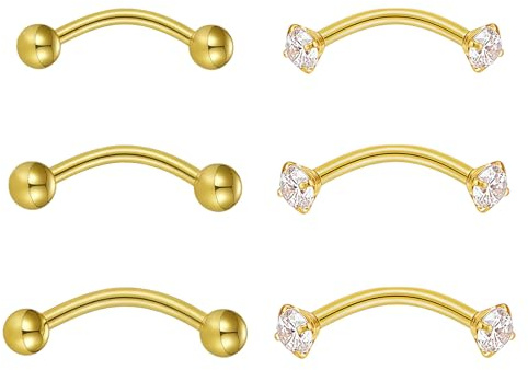 xoqoiuo 6 Pcs Vertical Labret Lip Bars Eyebrow Bar 16G Eyebrow Piercing Jewellery, Tragus Piercings 8 10 12mm Suitable for Men and Women to Wear Daily (Gold)