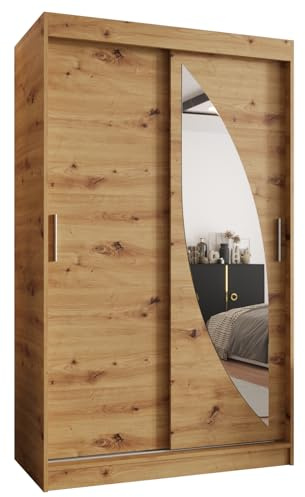 Kryspol - Kleiderschrank mit Spiegel - Schwebetürenschrank - Kleiderschrank 120 cm Breit x 200cm(H) x 62cm(T), 2 Türen, Laminierte Möbelplatte, Schiebetürenschrank Milo 120, Farbe Artisan Eiche