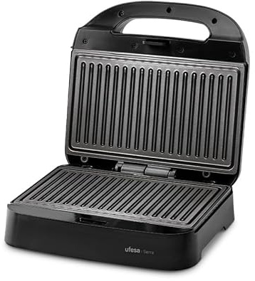 Ufesa Sandwichera Sierra Compacta 750W, Placas Grill Antiadherentes, Capacidad 2 Paninis, Control Automático de Temperatura, Almacenamiento Vertical, Libre de PFOA, Acabados Inox, Sistema Recogecables