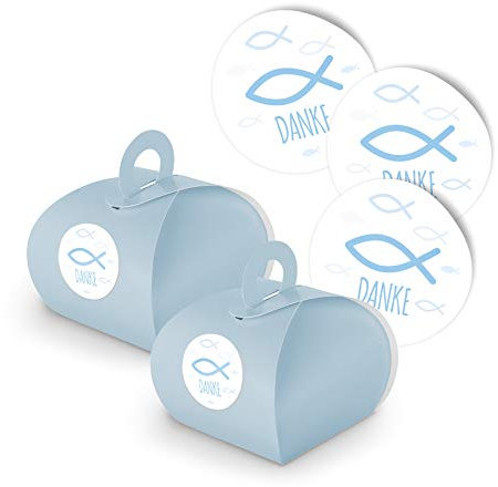 itenga 25x Geschenkboxen aus Karton I Fisch Danke Hellblau I inkl. Sticker Aufkleber I geeignet als Geschenkverpackung oder Gastgeschenk für Taufe, Kommunion & Konfirmation