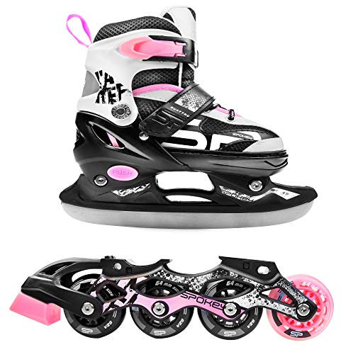 Spokey Quattro 4-in-1 Inline Skates für Kinder und Jugendliche bis max. Körpergewicht 60 kg, größenverstellbar, 2 x 2 Schienen, Kugellager ABEC-7 Carbon, PU Rolle 82 A, Ø-Rolle größenabhängig