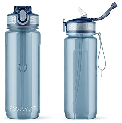 Swayze Personalised Water Bottle with Straw 800ml Water Bottle, BPA Free Leakproof Lockable Flip Lid Drink Bottle Sports Gym Hiking School Camping Office Walking (Blue (Plain))
