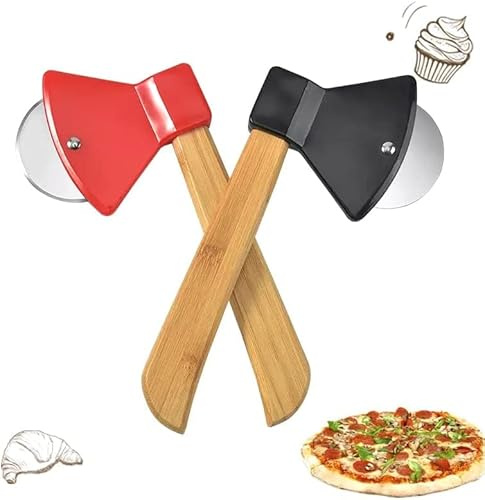 Ahoo Axe Pizza Cutter with Bamboo Handle Sharp Rotating Blade for Pizza, Bread and Cakes Dishwasher Safe (Red)