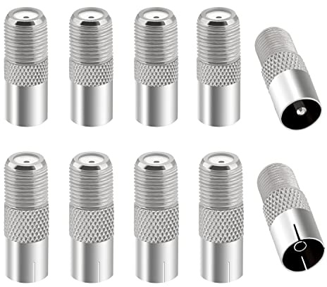 10 Stücke F-Buchse auf RF Stecker Buchse Koaxial Adapter, KUOQIY TV 9.5 5 Männlich & 5 Weiblich auf F-Typ Schraub Anschluss Buchse Konverter, F-Typ Buchse auf TV Antennenadapter, Vernickelt