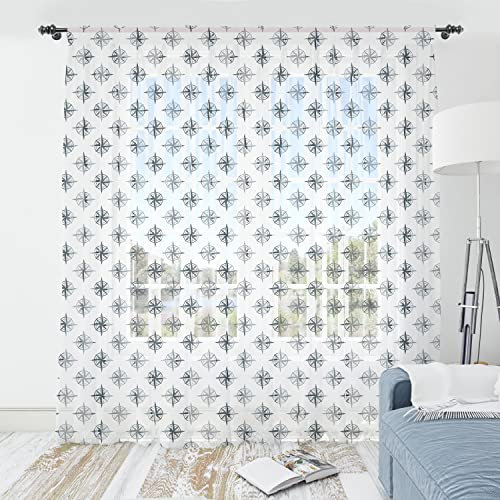 ABAKUHAUS Kompass Tüll Vorhänge mit Stabtasche, Seethema Schiff Yacht, Schiere Drapierung für Hochzeit Party 2 Panels, 220 cm x 274 cm, Dunkel Petrol Blau Weiß