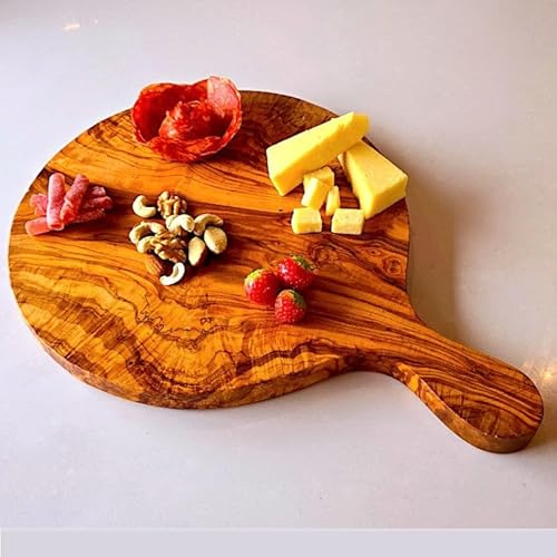 Tagliere rotondo realizzato a mano in legno di ulivo massiccio con manico, unico tagliere rustico per salumi e tagliere, accessorio da cucina ecologico, perfetto per servire e preparare alimenti