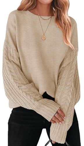 ZESICA Women's 2026 Spring Long Sleeve Crew Neck Solid Color Cable Knit Chunky Casual Oversized Pullover Sweater Tops Oatmeal Large