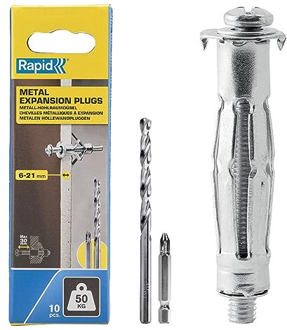 Rapid Confezione da 10 Tasselli ad Espansione in Metallo per Pareti Cave in Cartongesso e Truciolari dallo Spessore di 6 -21 mm, Supportano fino ad un Carico di 50 Kg