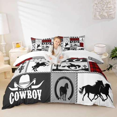 Rustic Farmhouse Horse Kids Duvet Cover Set Queen Size,Western Cowboy Cactus Bedding Set,Boys Girls Adults Room Decor,Geometric Plaids Arrows Boho Comforter Cover,Red Xmas Quilt Cover,2 Pillowcases