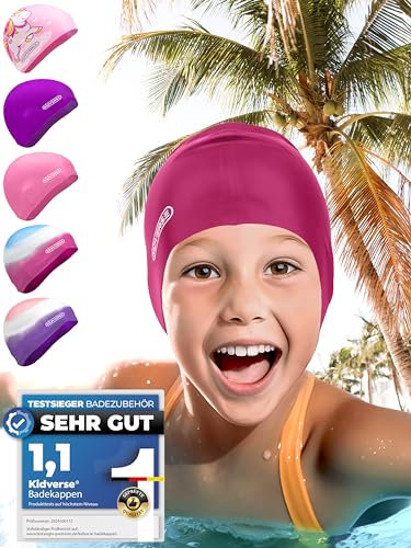 KIDVERSE Badekappe Mädchen - wasserdichte Badekappe Kinder mit Anti-Rutsch-Noppen - Badehaube Kinder - UV Schutz Schwimmhaube 100% reißfest - Schwimmkappe